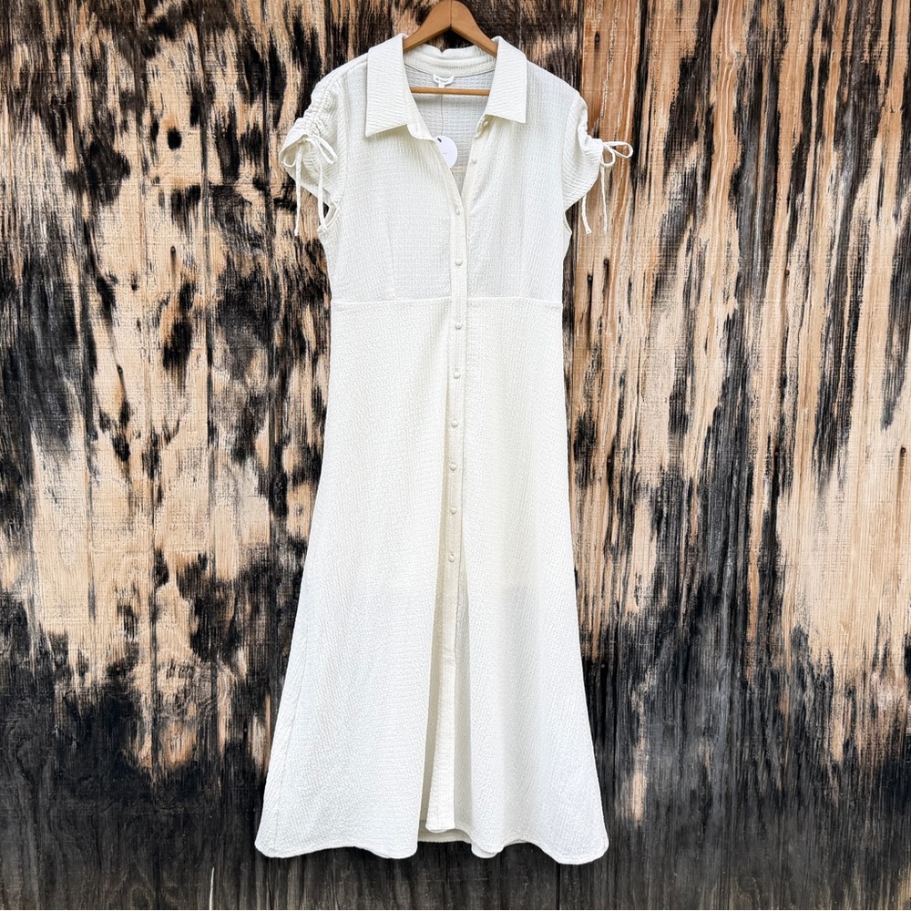 White Maxi A-Line Classic Collard Shirt Dress L Button-Front Flutter Tie Sleeves